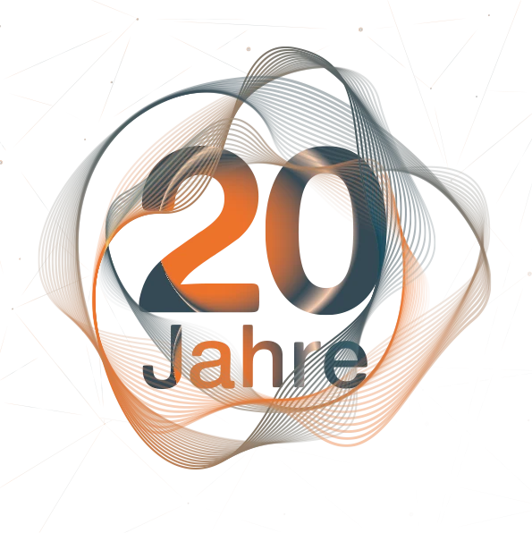 20 Jahre Signet in grau/orange mit Schallwellen