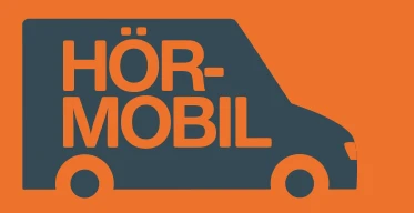 Symbolisierter Sprinter mit orangener Schrift Hörmobil auf orangen Hintergrund